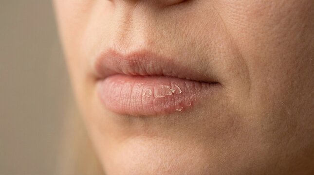 Close-up of flaky skin on woman&rsquo;s lip with natural lighting  