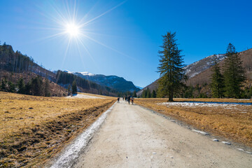 Dolina Koscieliska valley in snow at beautiful Polish west Tatry mountains in winter
