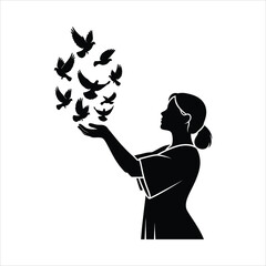 Woman Releasing Flying Birds vector icon