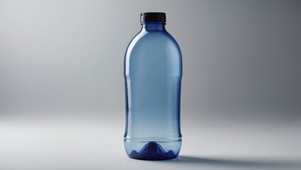 Elegant Blue Plastic Bottle with Black Cap Mockup, Empty Recyclable Container for Cosmetics or Beverages on White Surface