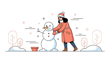 Obraz premium Female adult building snowman in winter landscape with snowflakes