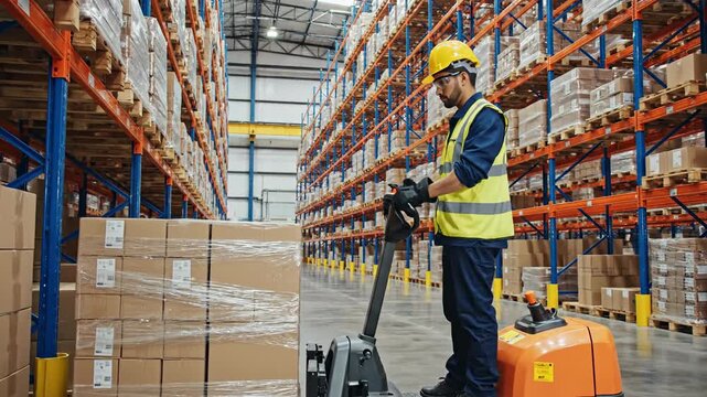 Worker operates forklift in warehouse stacking pallets of goods