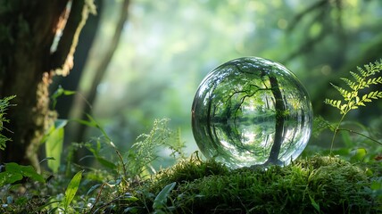 A clear glass sphere reflecting trees and greenery in a lush forest setting reflection