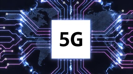 Global 5G network technology on a glowing circuit board. - Powered by Adobe