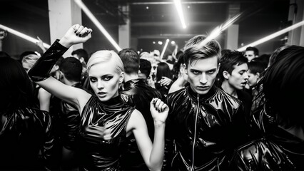 Black and white nightclub rave crowd in edgy latex fashion