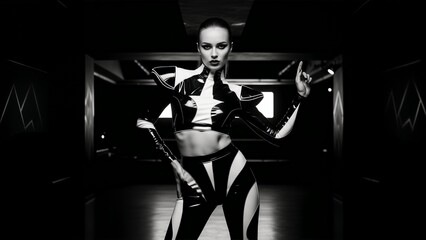 Futuristic latex fashion model black and white fashion flyer background