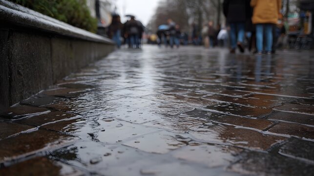 A close up view of a wet reflective pavement made of stone slabs with blurred figures of pedestrians walking in the background on a rainy day