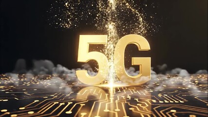Gold 5G network technology symbol exploding on a circuit. - Powered by Adobe