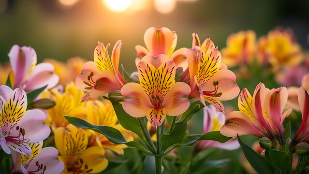 Beautiful peach and yellow alstroemeria flowers in a lush garden with green leaves and blurred background at sunset - Powered by Adobe