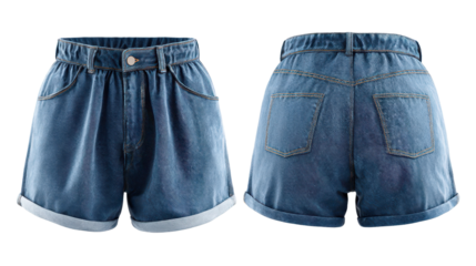 Denim shorts displayed from front and back, showcasing design and structure for summer wear and casual activities