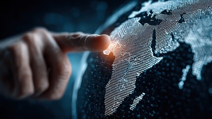 Human finger interacts with a glowing digital representation of the terrestrial sphere