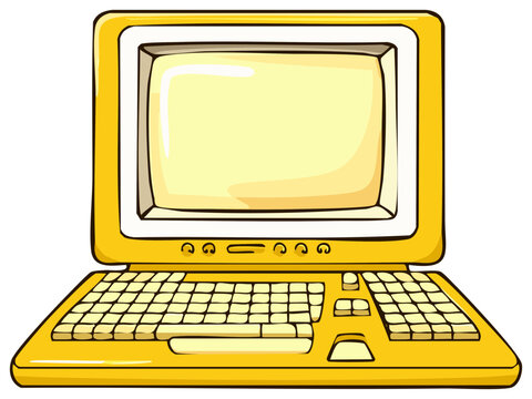 Nostalgic yellow desktop computer with an old monitor and full keyboard in a cartoon style