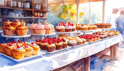 A watercolor illustration of a vibrant market stall overflowing with an array of delicious cupcakes, muffins, and tarts, many adorned with fresh raspberries.