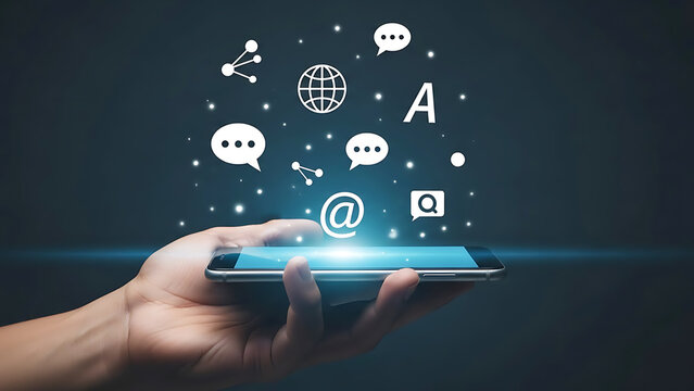 Digital communication network concept with hand holding smartphone and floating social media icons - Powered by Adobe