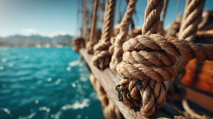 Fototapeta premium Thick coiled rope securing nautical rigging beside a wooden deck while sailing over blue water