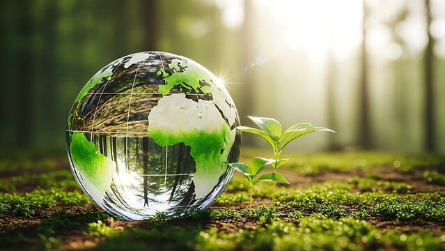 Green Planet Sustainability Concept with Glass Globe and Growing Plants - Powered by Adobe