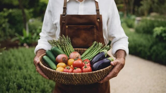 男性が色鮮やかな野菜のざるを運ぶ