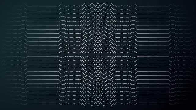 A futuristic 4K animation of spectral analysis or resonance. Symmetrical graphics on a dark background. A seamless background for visualizing scientific data, research, and high technology