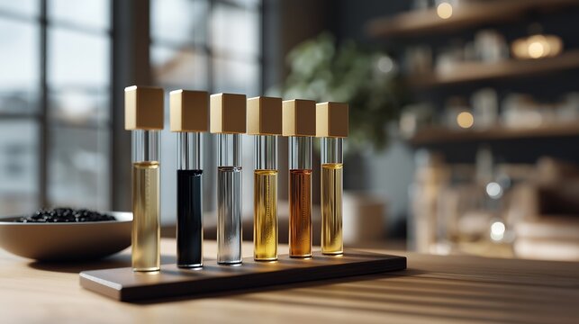 A line of blotter strips clipped to a metal board in a perfume lab, each representing a step in the scent-development pyramid from top notes to dry-down. cinematic color correction, natural uneven