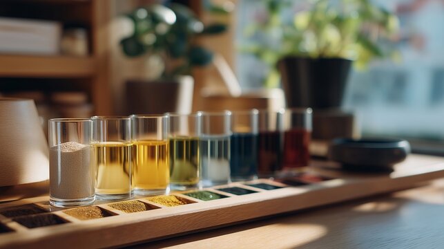 A line of blotter strips clipped to a metal board in a perfume lab, each representing a step in the scent-development pyramid from top notes to dry-down. cinematic color correction, natural uneven