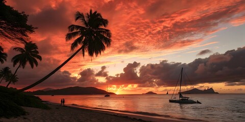 Fiery red sunset over a tropical beach with palm trees and a sailing boat