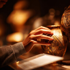 Close-up of a museum curator's hand.