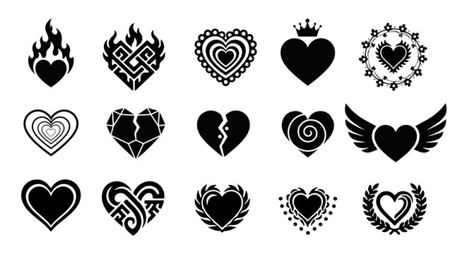 Diverse collection of black heart vector icons, perfect for love and romance concepts.