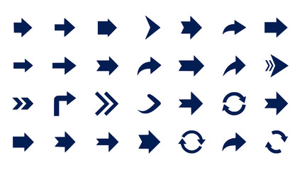 A diverse collection of dark blue arrow icons for navigation and direction
