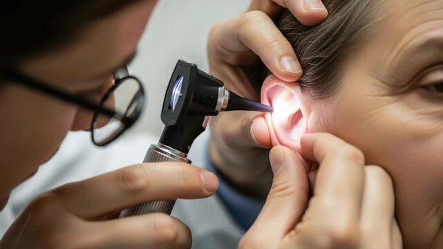 Doctor examining a patients ear with an otoscope in a medical setting for health checkup and diagnosis