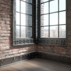Industrial loft window corner with brick wall.