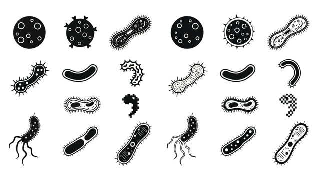 Diverse collection of bacterial cells and microorganisms in a black and white illustration