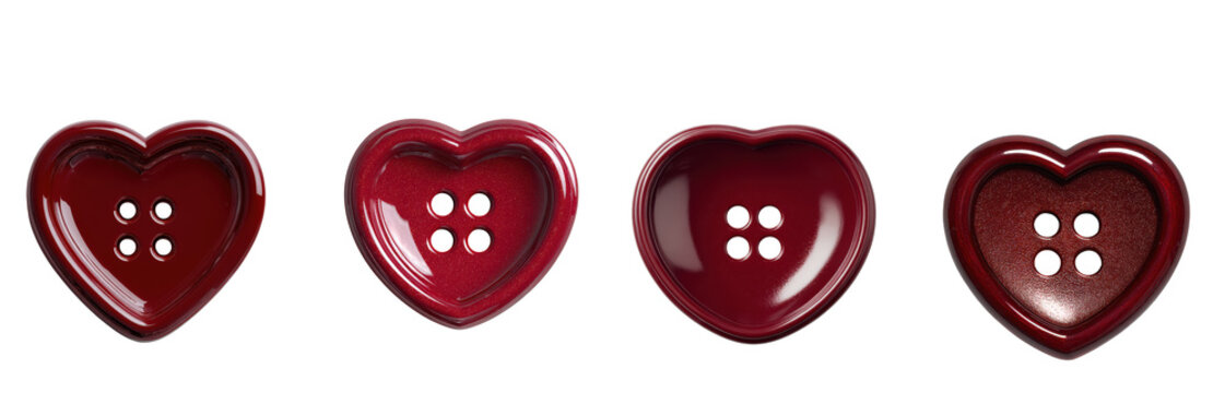 Four glossy red heart shaped buttons arranged in a row showcasing varying textures on transparent background
