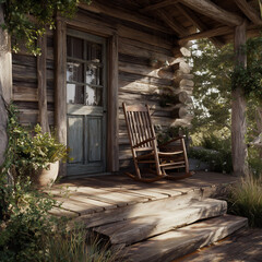 Rustic wooden cabin front porch.