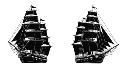 Detailed black and white illustration of two majestic sailing ships side by side © Mstsalma