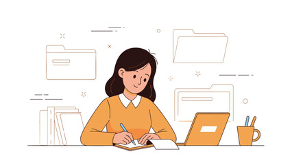 Young adult asian female writing at desk with laptop and folders