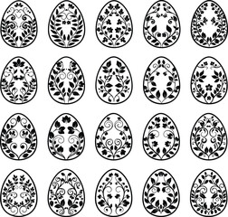 Fototapeta premium Collection of intricately designed black and white easter eggs isolated on white background, Vector, illustration