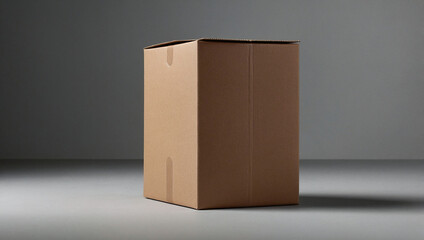Tall Vertical Brown Kraft Cardboard Shipping Box Mockup, Blank Parcel for Logistics and Moving Services against Gray Background