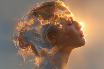 Woman with sun over clouds in her head. Mental health concept