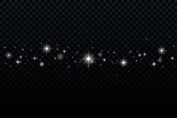 Night sky background with golden stars. Dark magic transparent gradient space with shiny glitter. Cosmic abstract Christmas backdrop with magic glow. Vector illustration