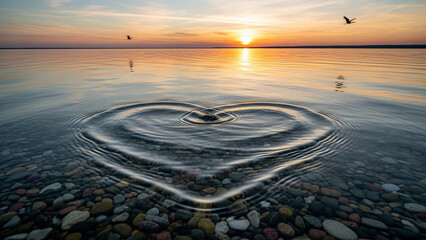 Lake water forming a heart shape from gentle ripples, conservation symbolism.