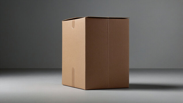 Tall Vertical Brown Kraft Cardboard Shipping Box Mockup, Blank Parcel for Logistics and Moving Services against Gray Background
