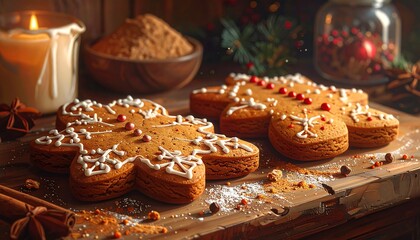 Cozy holiday scene featuring freshly baked gingerbread cookies with icing, cinnamon, and a lit candle. Rustic wooden surface