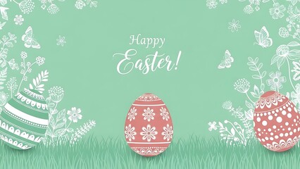 Decorative easter eggs with floral patterns on green background with happy easter text