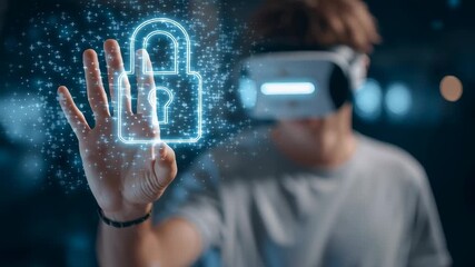 Person wearing a virtual reality headset touching a glowing digital lock symbolizing cybersecurity protection privacy and secure interaction in immersive technology - Powered by Adobe