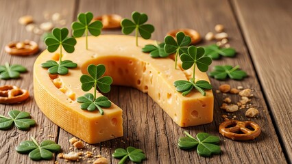 Cheese shaped like a horseshoe with clovers and pretzels