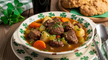 Hearty irish beef stew served in a traditional bowl