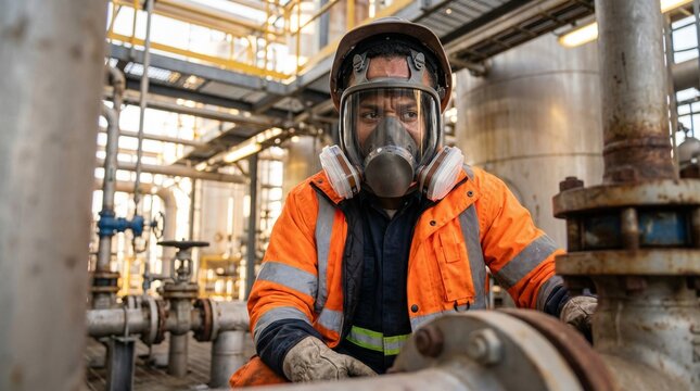 Worker wearing respirator while operating machinery in refinery  