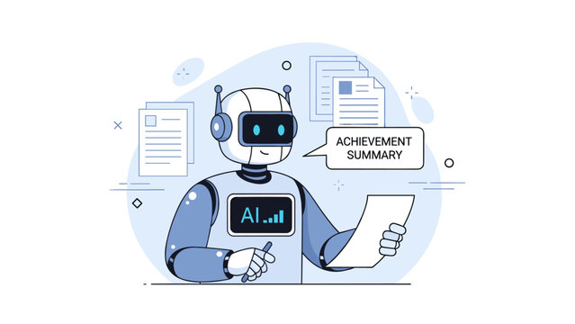 Ai robot analyzing and summarizing data with documents and charts