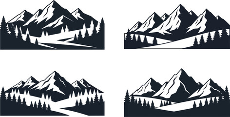 Four black and white mountain range illustrations with trees and paths © Jesmin