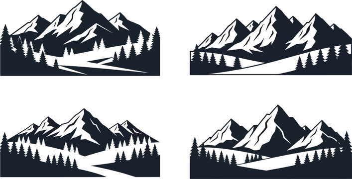 Four black and white mountain range illustrations with trees and paths